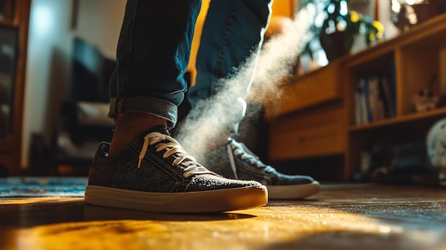 Photo man spraying deodorant over pair of shoes at home close up