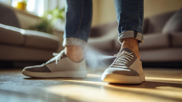 Photo man spraying deodorant over pair of shoes at home close up