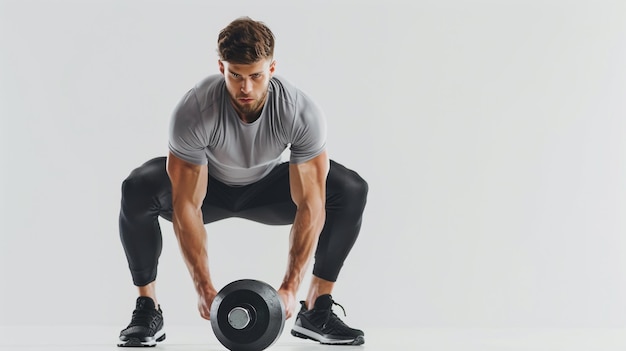 Man squats with dumbbells on knees