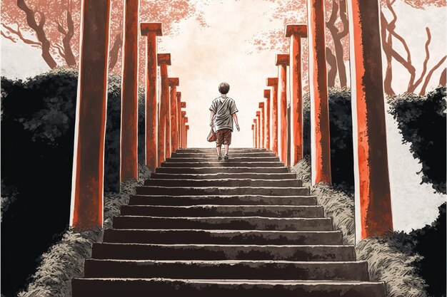 Man on the stairs Young boy walking up the stairs to the Torii gate Digital art style illustration painting