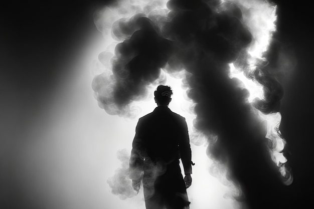 The man stand on the fume street in smoke ai generative