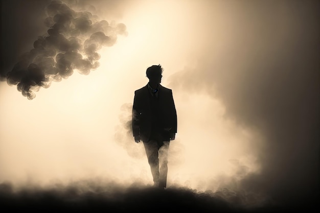 The man stand on the fume street in smoke ai generative