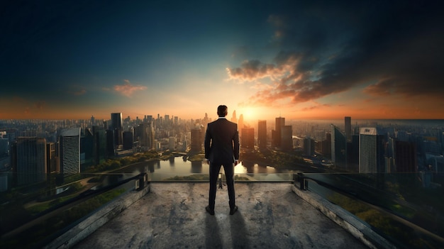 man stand on penthouse watching sunset on evening sky on city romantic