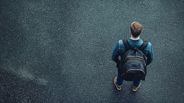 Photo man standing on asphalt top view with bag