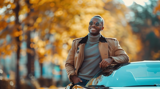 Man Standing Next to Blue Car