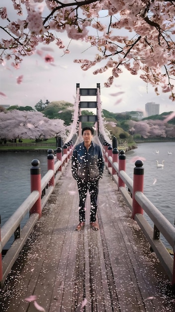 Man standing on the bridge in Inokashira park Tokyo