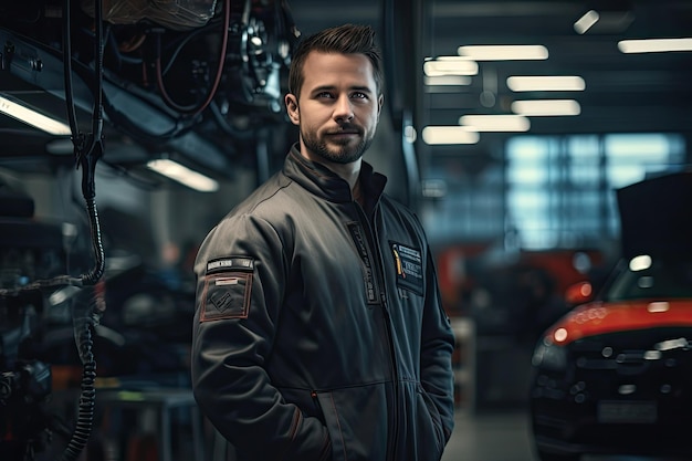 Photo man standing next to car in garage