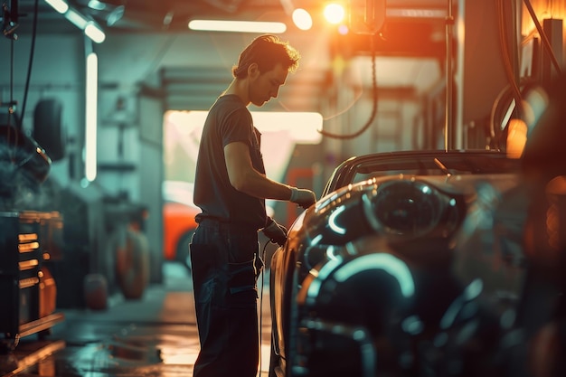 Man Standing Next to Car in Garage