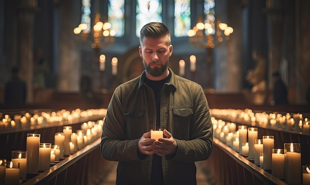 A man standing in a church holding a candle