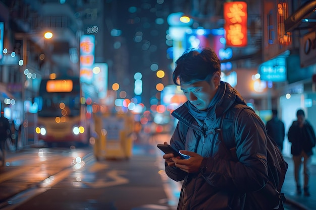 Man standing city street night using cell phone