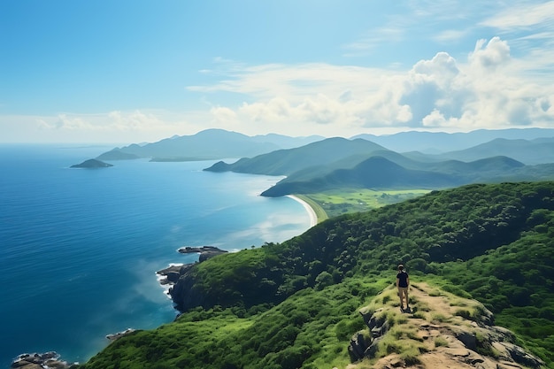 Man standing on a cliff and looking at the landscape on forest hills and ocean holidays