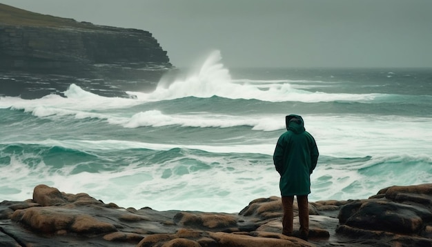 Man standing on cliff overlooking waves and horizon generated by AI