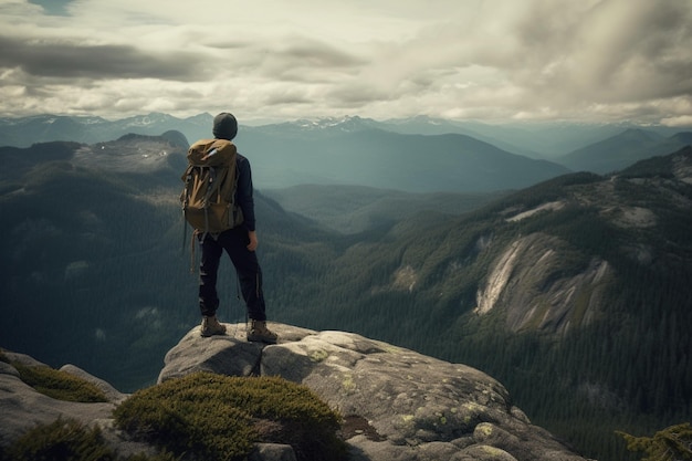 A man standing on a cliff with mountains in the background