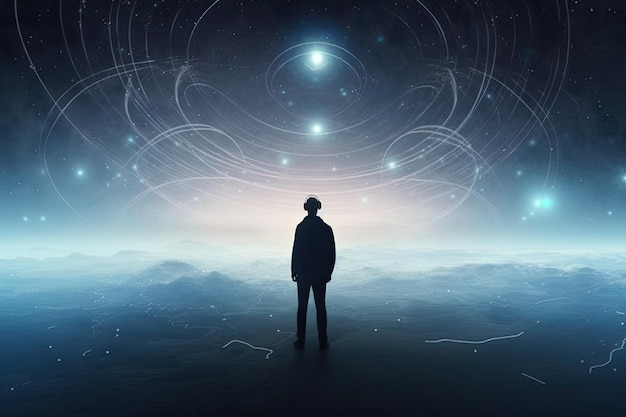 Man standing in a cosmic space surrounded by stars and galaxies Generative AI