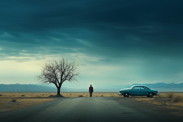 Photo man standing in the desert with a car and a tree