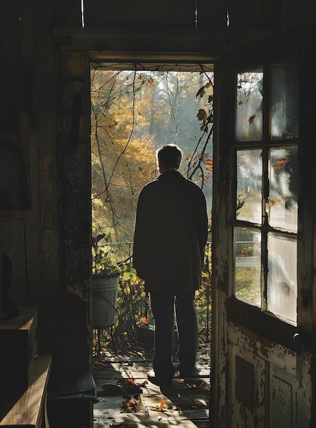 Photo a man standing in a doorway looking out at a colorful fall landscape