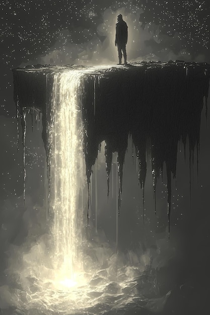 Man Standing at the Edge of a Cliff with a Waterfall