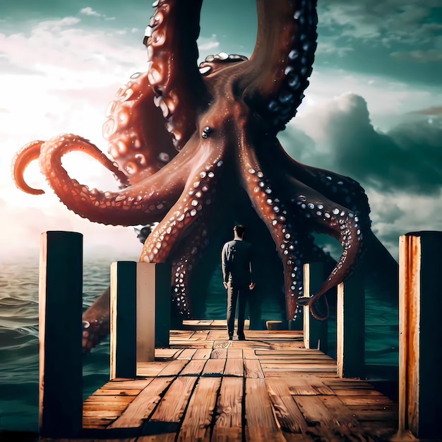 Photo man standing facing giant monster octopus at deck