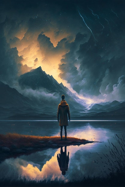 Man standing in a field under a cloudy sky generative ai