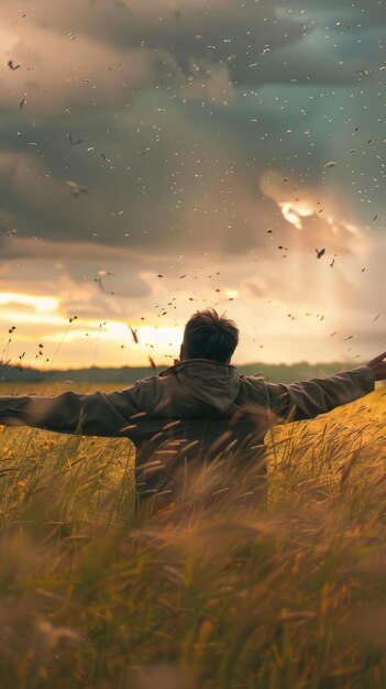 Man Standing in a Field of Wheat with Arms Outstretched Under a Cloudy Sky A man stands in a