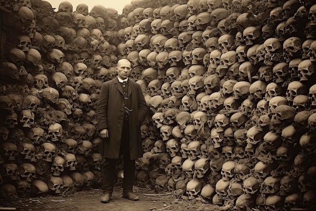 man standing from a pile of skulls