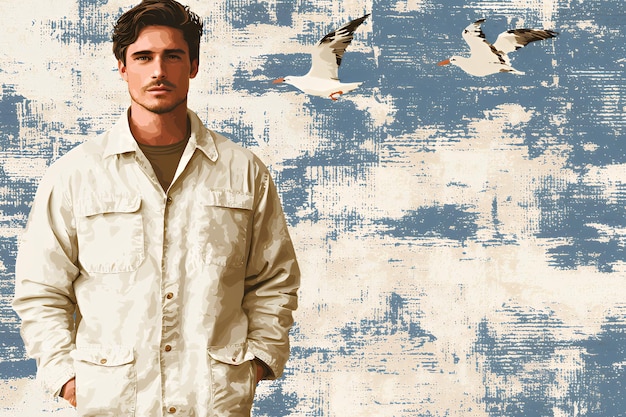 Photo man standing in front of an abstract blue and white background with seagulls flying