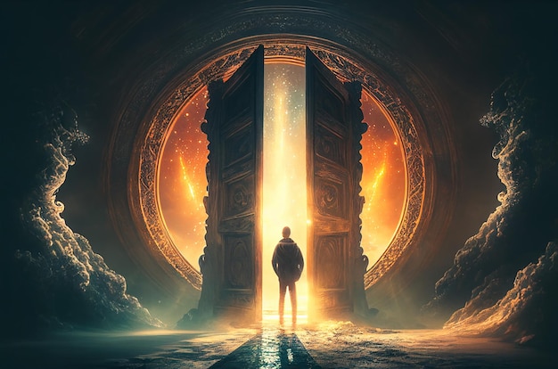 A man standing in front of the ancient glowing door that lead to another world fantasy surreal concept Generative Ai