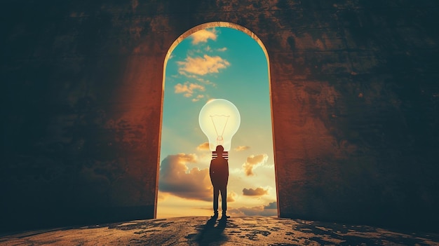 a man standing in front of an arch with a balloon in the middle of it