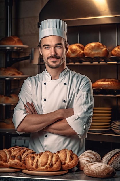 A man standing in front of a bakery with his arms crossed.