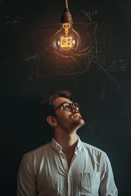 Photo man standing in front of bright light bulb in a room