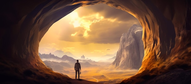 Man standing in front of cave looking at the sunset