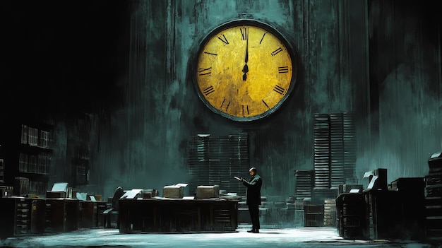 A man standing in front of a clock that says quot the time is 10 00 quot