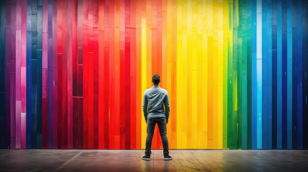 Man Standing in Front of a Colorful Rainbow Wall