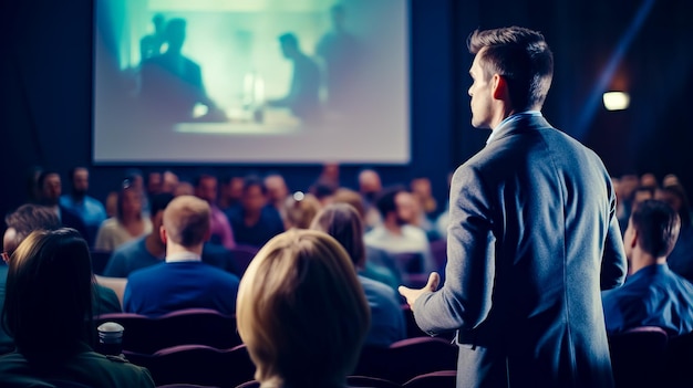 Man standing in front of crowd in front of projector screen