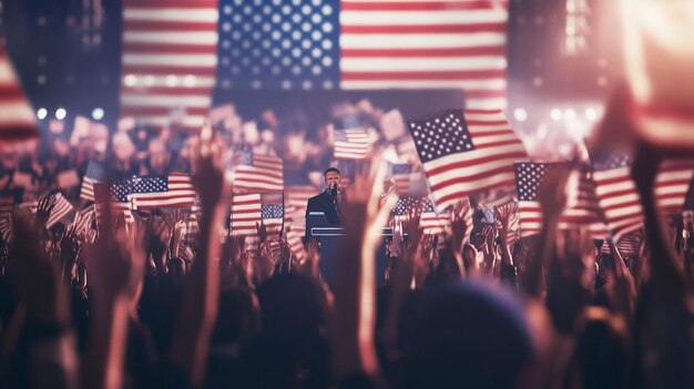 a man standing in front of a crowd of people holding flags with the word quot vote quot on the front