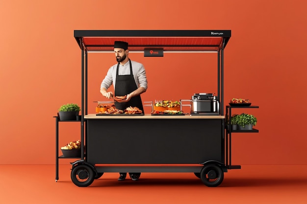 a man standing in front of a display of food