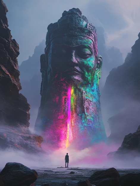 Photo a man standing in front of a giant buddha statue with a rainbow in the background