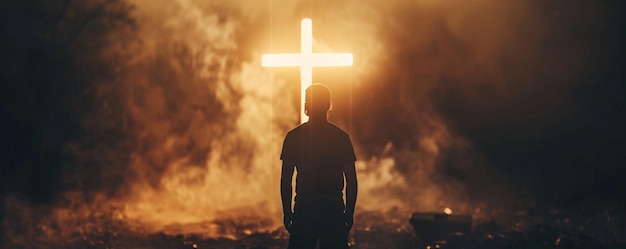 Photo man standing in front of a glowing cross in a smoky postapocalyptic landscape