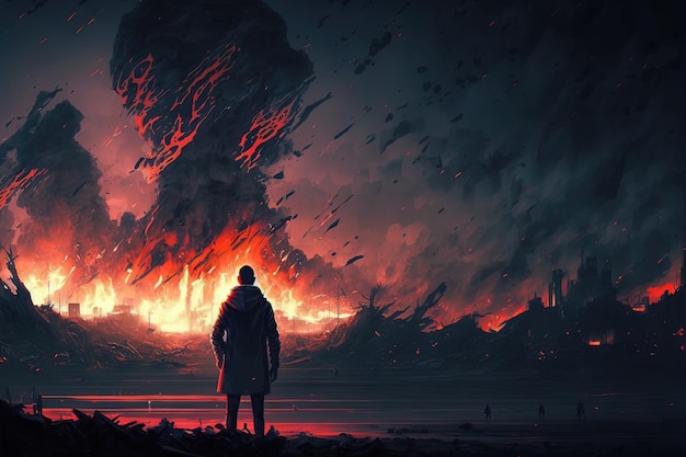 A man standing in front of a huge volcano generative AI