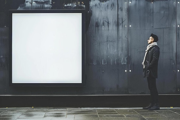 Photo a man standing in front of a large billboard