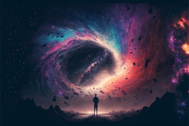 Man standing in front of large black hole the sky generative ai