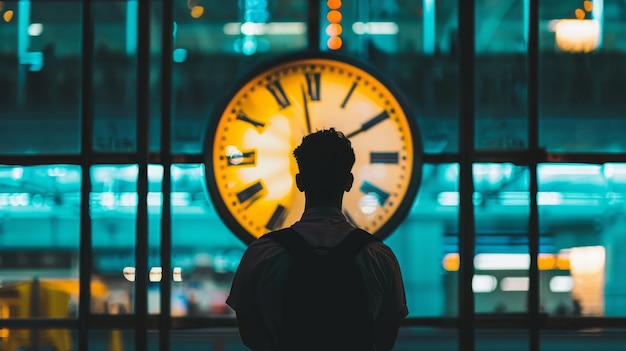 Photo man standing in front of large clock