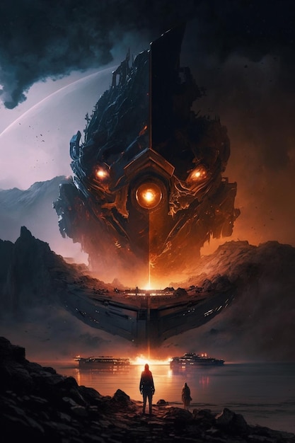 A man standing in front of large ship with giant the background generative ai