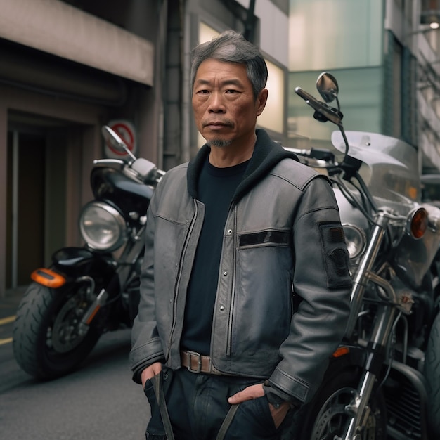 A man standing in front of a motorcycle with a black leather jacket