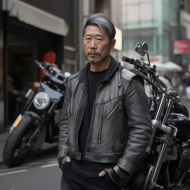 A man standing in front of a motorcycle with a black leather jacket