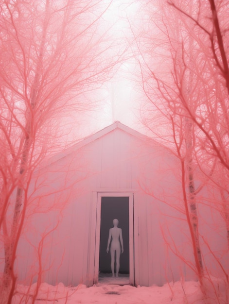 Photo a man standing in front of a pink house in the woods