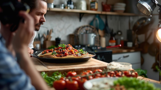 a man standing in front of a pizza with vegetables on it