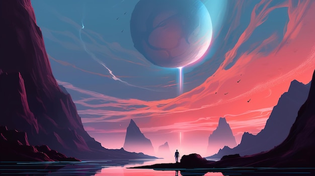 A man standing in front of a planet with a pink sky and a giant planet in the background