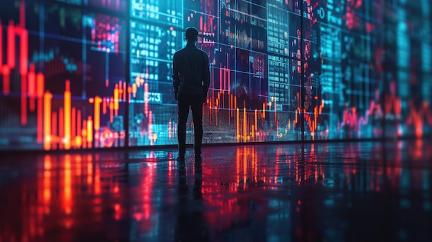 A man standing in front of a red and green share market lines with empty space Generative AI