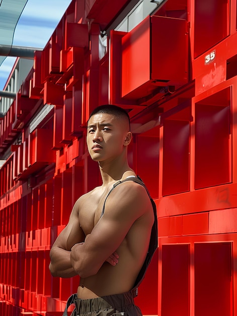 A man standing in front of a red wall with his arms crossed and his shirt off with his shirt off